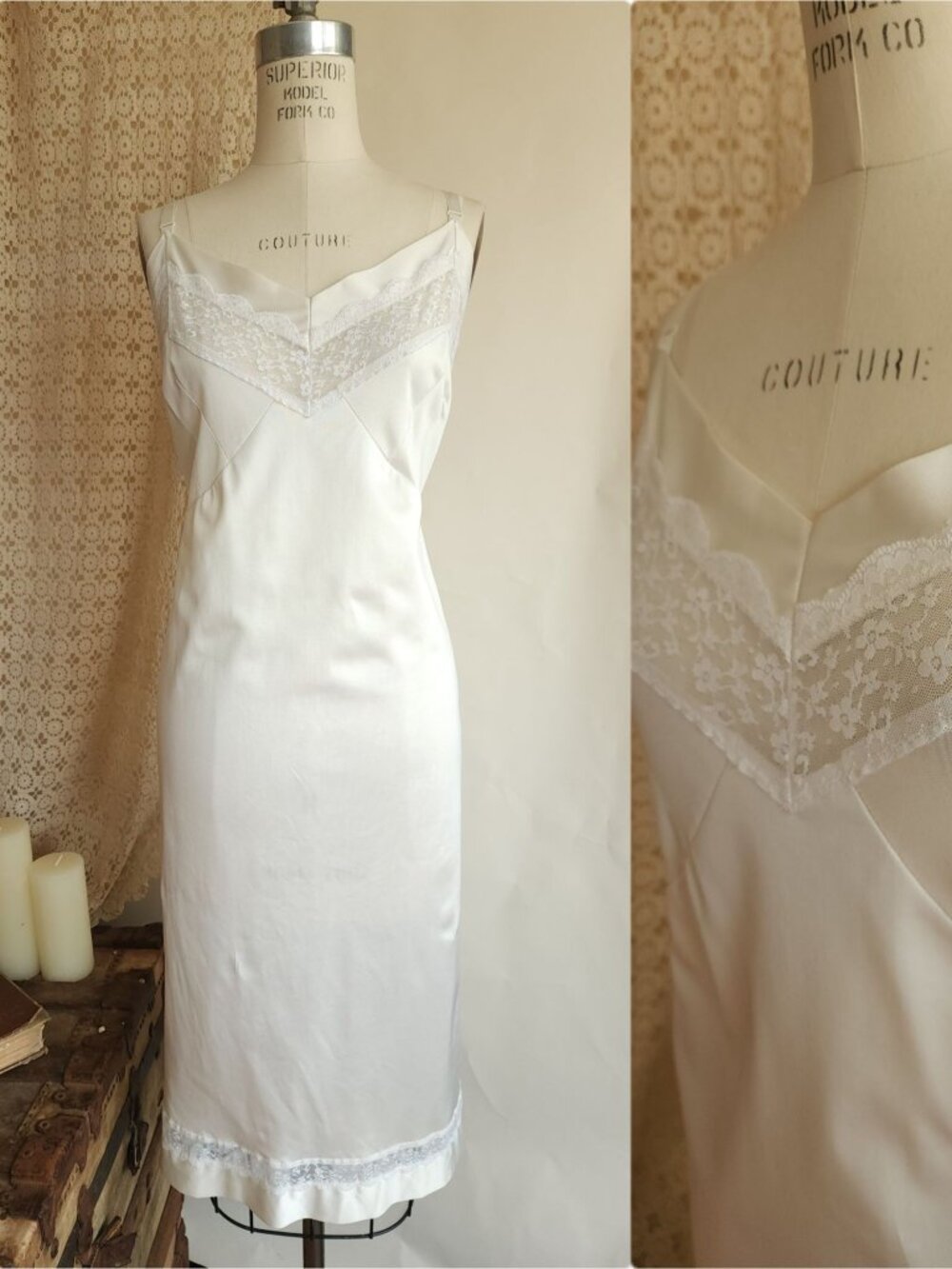 Vintage 1950s 1960s Full Slip, Volup Winter White Nightgown with Lace Trim